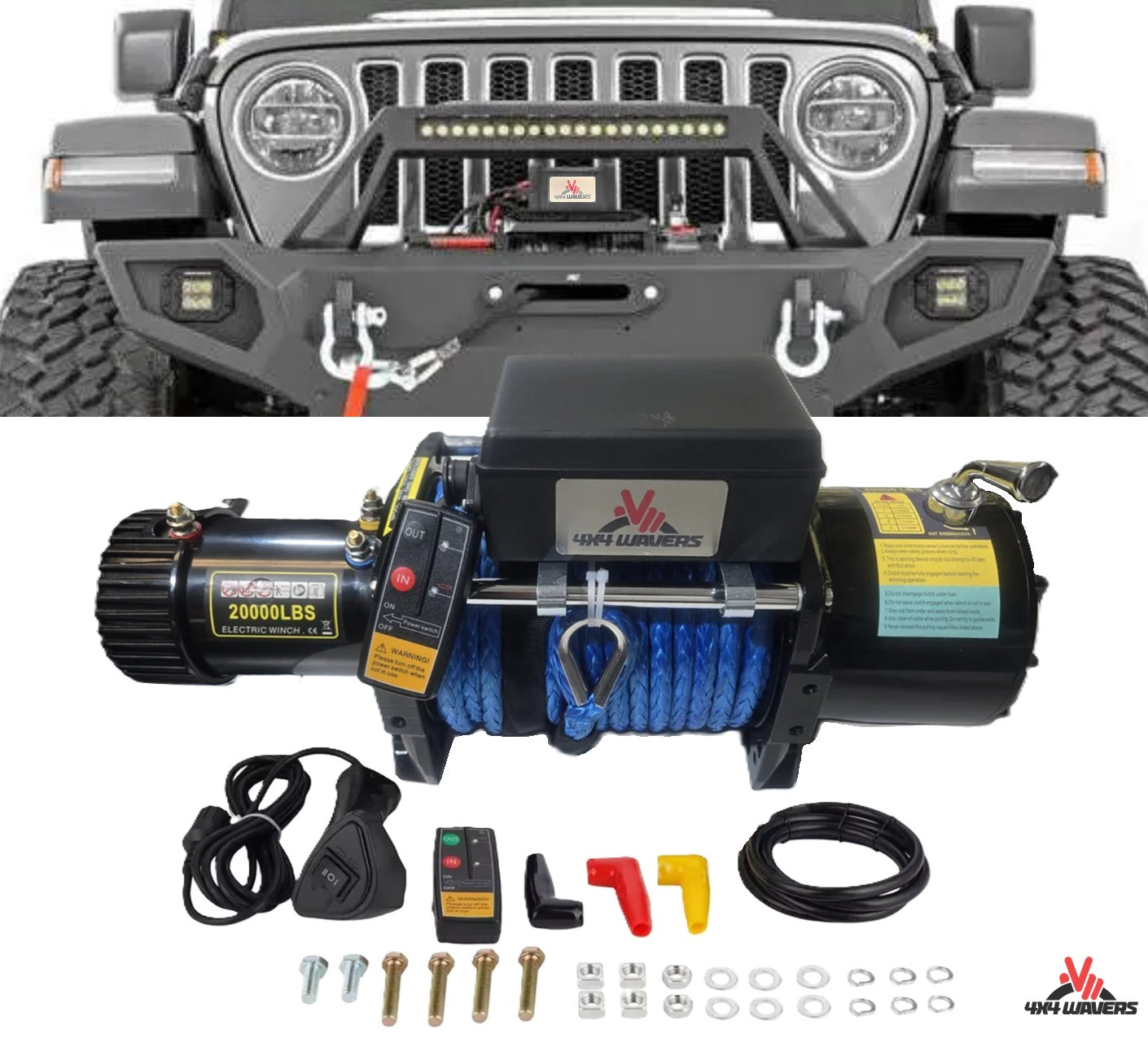 Treuil tout-terrain électrique 12V 4X4Wavers haute résistance 20 000 lbs avec télécommande sans fil - Corde synthétique