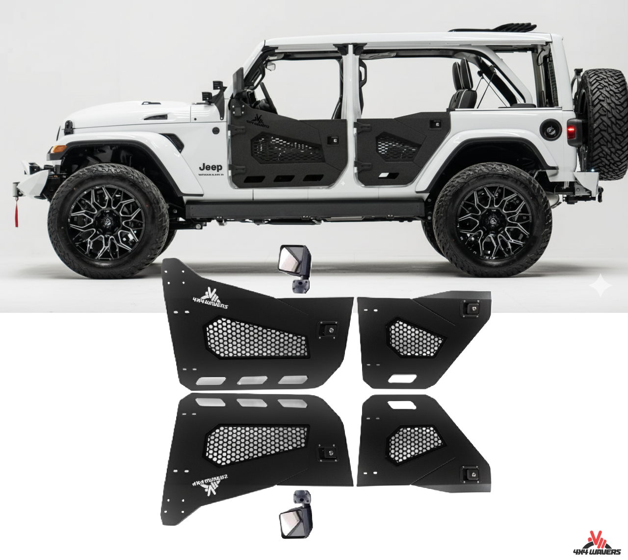 4X4WAVERS Specialty Premium Offroad Half Doors with side mirrors - Front and Rear - Jeep Wrangler JKU (4 Doors) 2007-2018