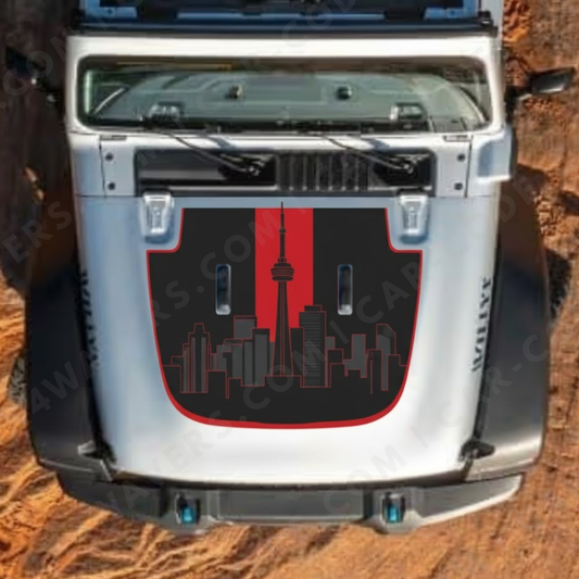 Panneau de capot Toronto Skyline Rally – Wrangler JL/JLU/JT (2018–2025) & JK/JKU (2007–2018) – Noir avec bande centrale rouge et contour – Vinyle imprimé et laminé mat 3M