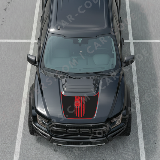 Panneau de capuche Drapeau déchiré – Options de couleur d'accent – Ford F-150 Raptor (Gen 2 2017–2020, Gen 3 2021–2024) – Vinyle découpé mat imprimé 3M ou Avery