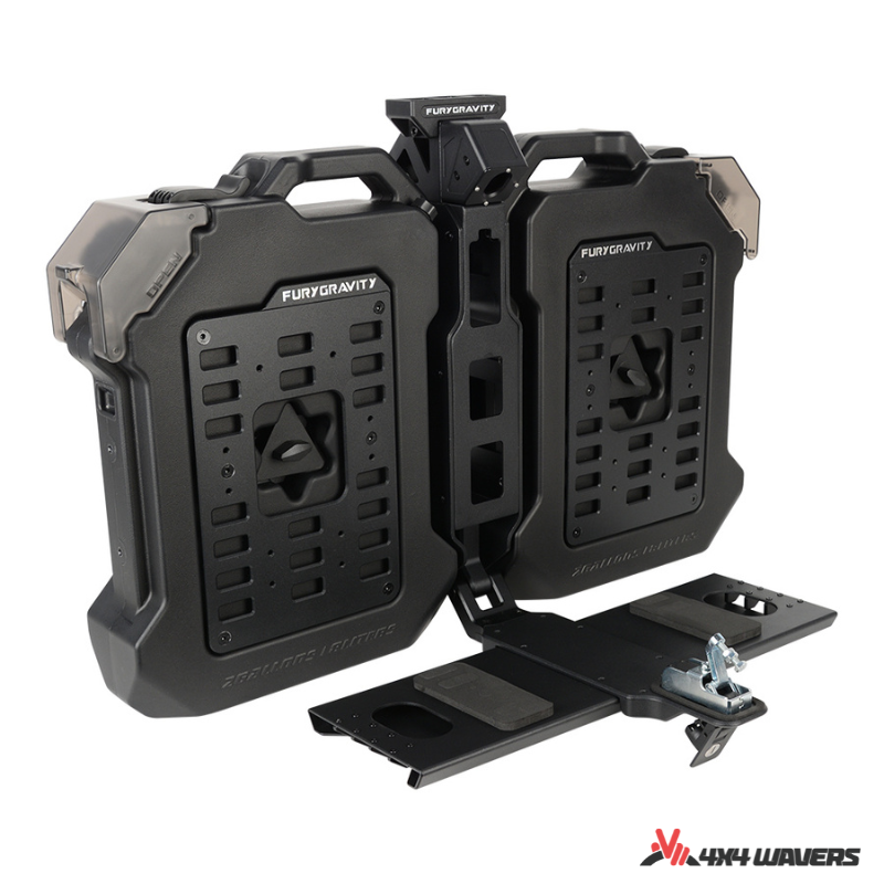 4x4wavers Fury Aluminum Multifunction Box - Tailgate Equipment Integrated Set - Rear Integrated Kit with 2 Gas Cans Tanks and storage with numeric locks - 4X4 WAVERS
