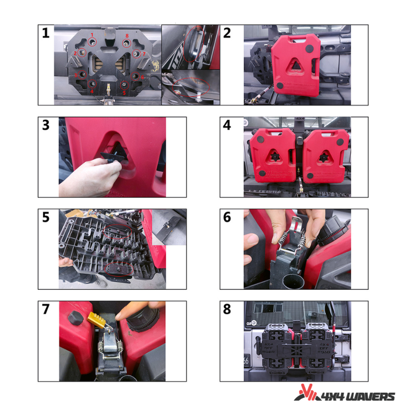 4x4wavers Tailgate Equipment Integrated Set - Rear Integrated Kit with 2 Gas Cans Tanks and 2 Traction Boards & a Shovel - All-Terrain Offroads Style - 4X4 WAVERS