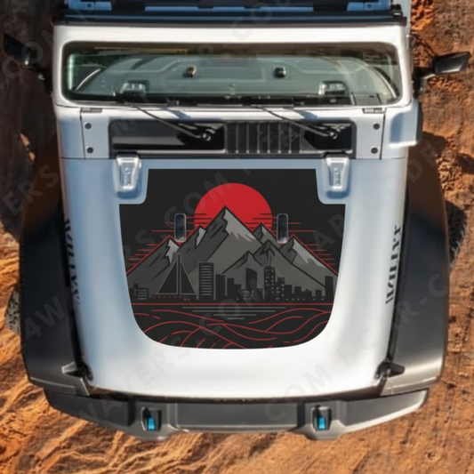Panneau de capot Skyline de Vancouver & Montagnes – Wrangler JL/JLU/JT (2018–2025) & JK/JKU (2007–2018) – Noir avec lignes rouges Soleil & Océan – Vinyle imprimé et laminé mat 3M