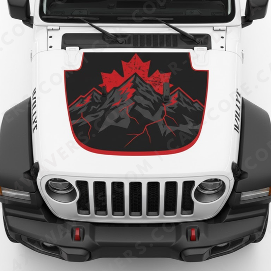 Panneau de capot Maple Peak – Wrangler JL/JLU/JT (2018–2025) & JK/JKU (2007–2018) – Silhouette de feuille rouge, graphique de montagne et contour – Vinyle imprimé et laminé mat 3M