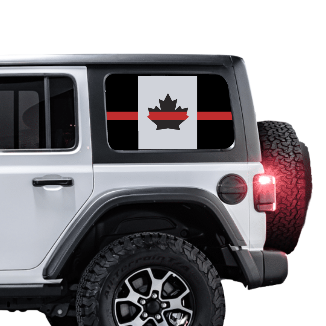 Rear Side Window Canada Flag – Thin Line (Cut Avery Vinyl) for jl/jlu/jk/jku/4xe – HARDTOP ONLY (Pair)