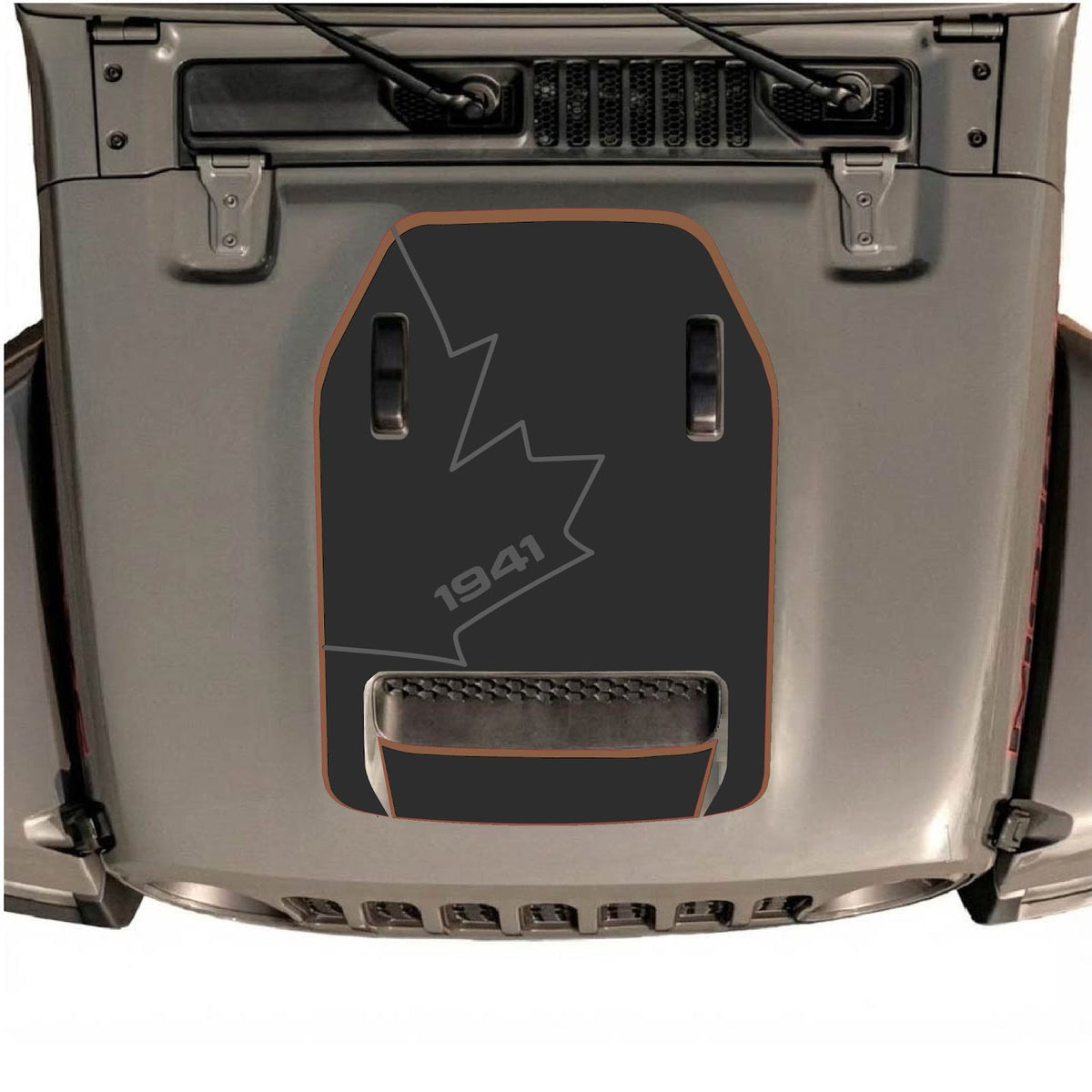 CarCode Jeep Wrangler JL/JLU Rubicon 392 and JT Gladiator Mojave hood decal, style #81, black and gray graphic design.