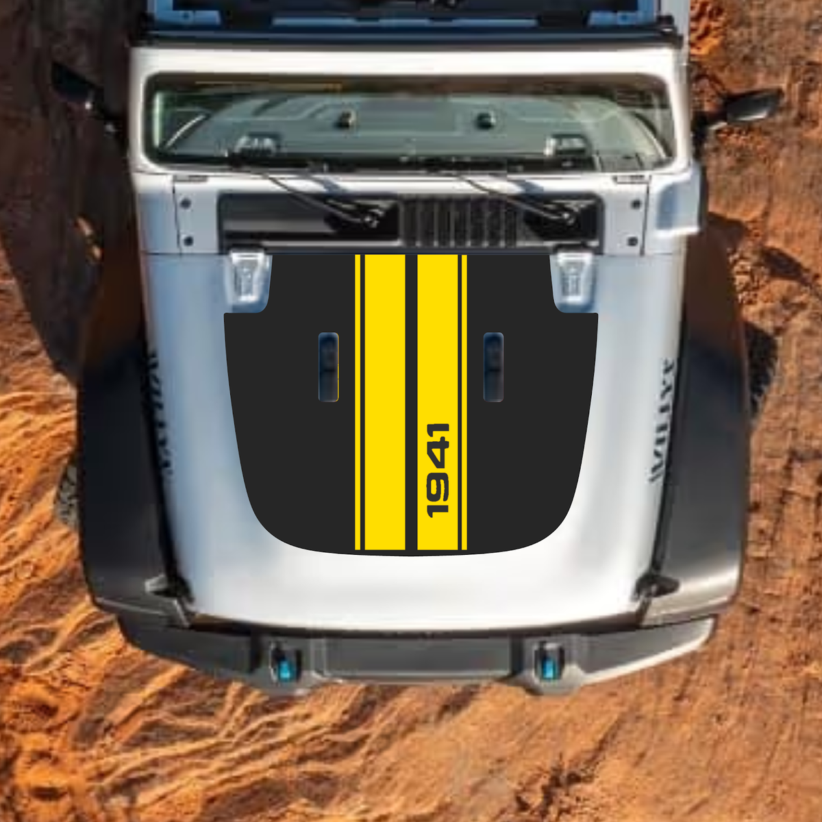 CarCode hood decal for Jeep Wrangler JL, JLU, Gladiator JT, style #05, black and white graphic on standard hood.