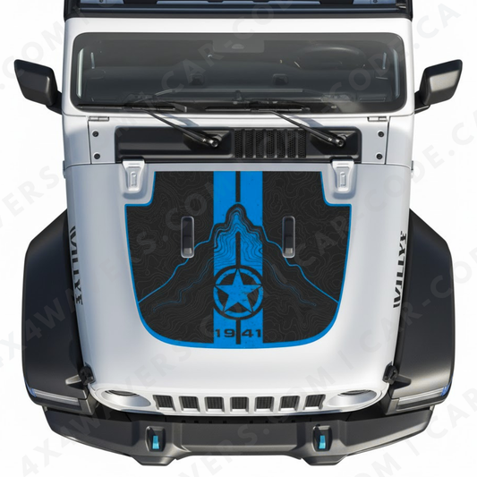 1941 Panneau de capot de rallye topographique – Wrangler JL/JLU/JT (2018–2025) & JK/JKU (2007–2018) – Bande & Étoile – Vinyle imprimé et laminé mat 3M
