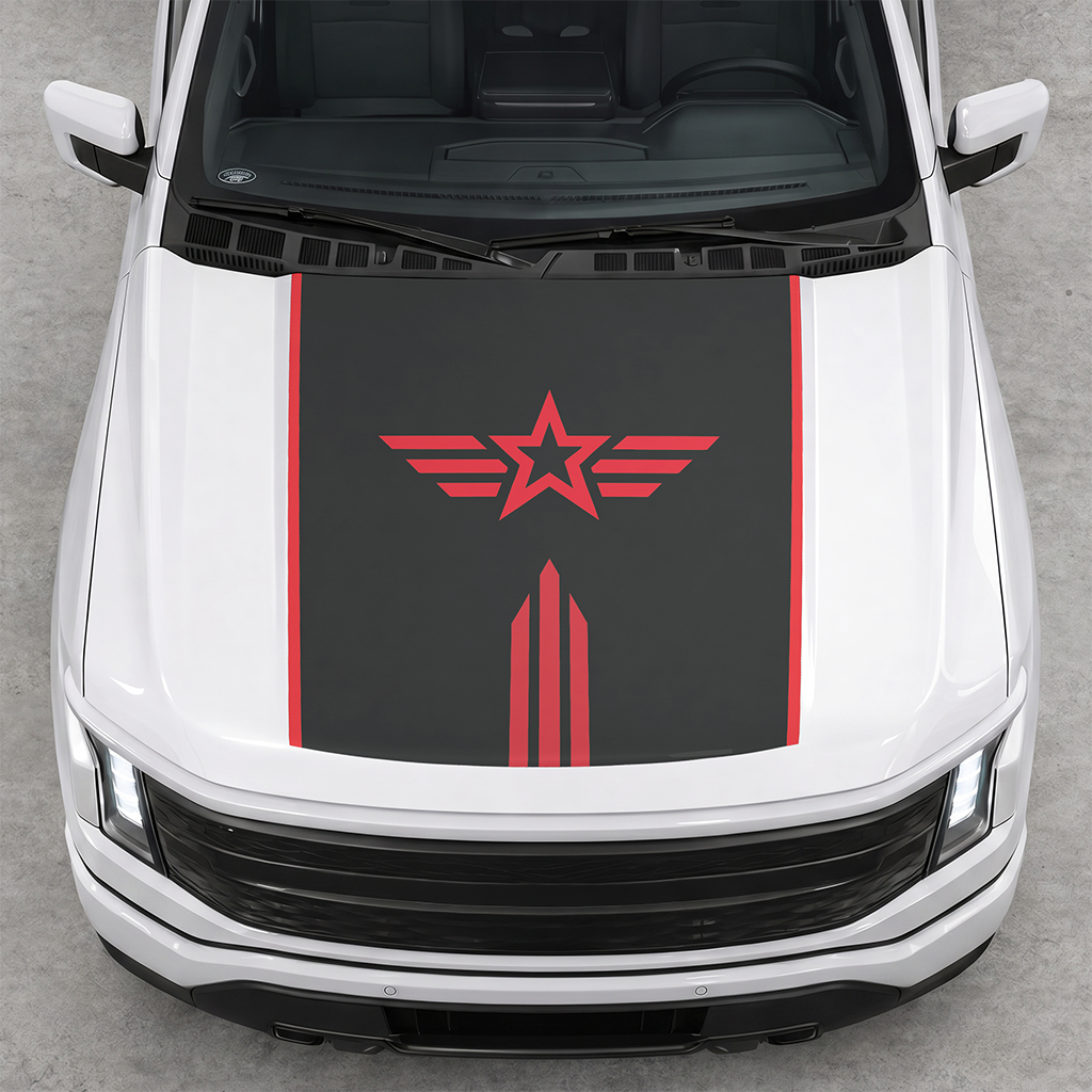 Ford F-150 Lightning 2022+ Hood Decal by CarCode, stylish black and white graphic decal for vehicle customization.