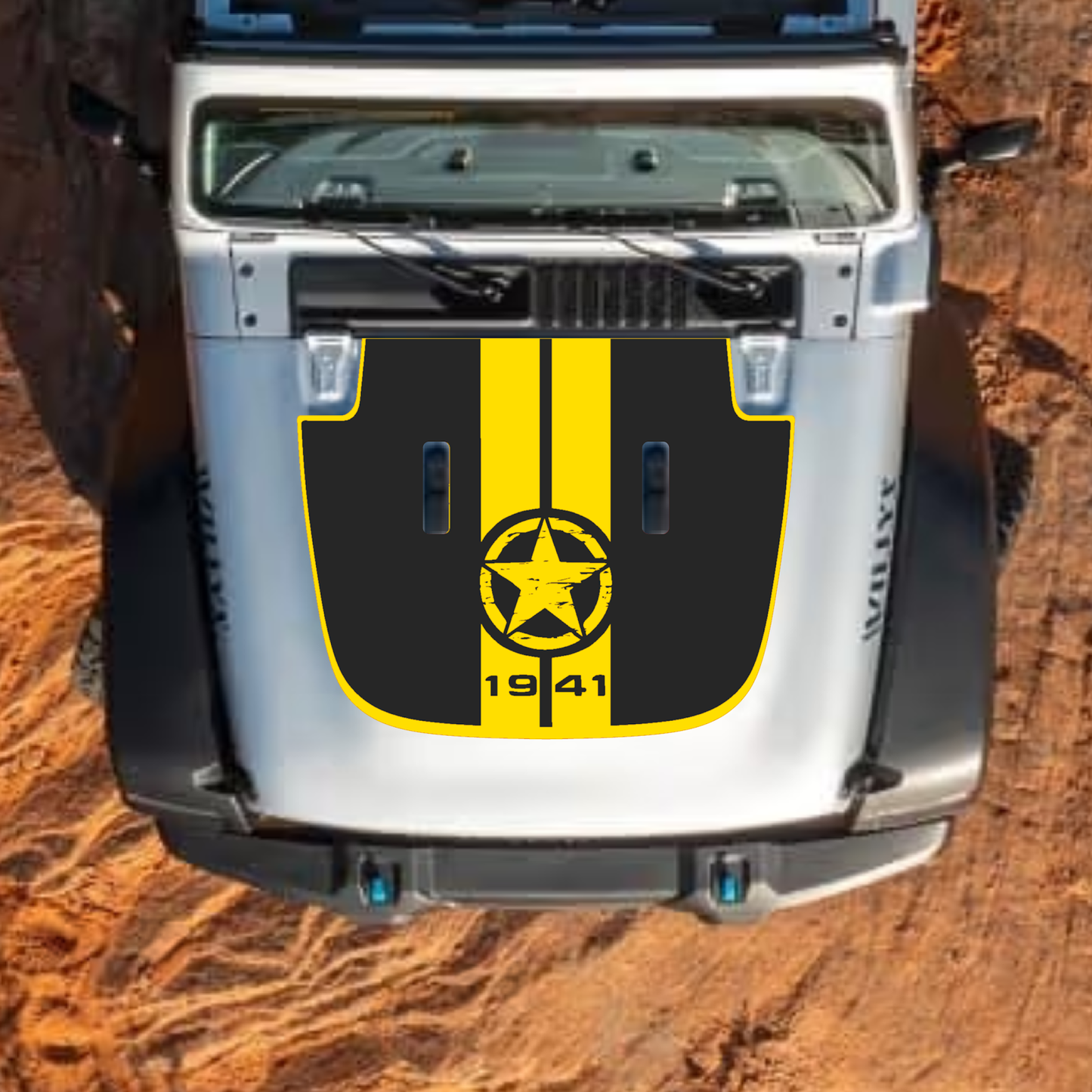 CarCode hood decal for Jeep Wrangler JL, JLU, Gladiator JT, standard hood style, 2018+ model, black and gray design.