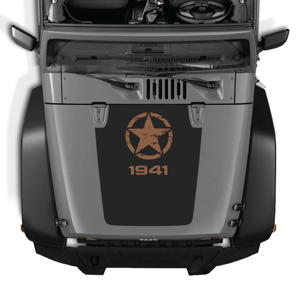 CarCode Jeep Wrangler JK/JKU hood decal in Style #46, black graphic design on vehicle hood for 2007-2018 models.