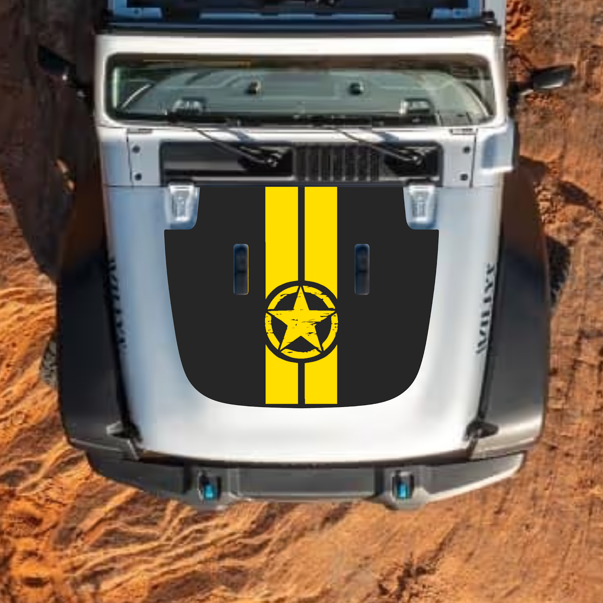 CarCode hood decal for Jeep Wrangler JL, JLU, Gladiator JT, standard hood, style #47, black and gray graphic design