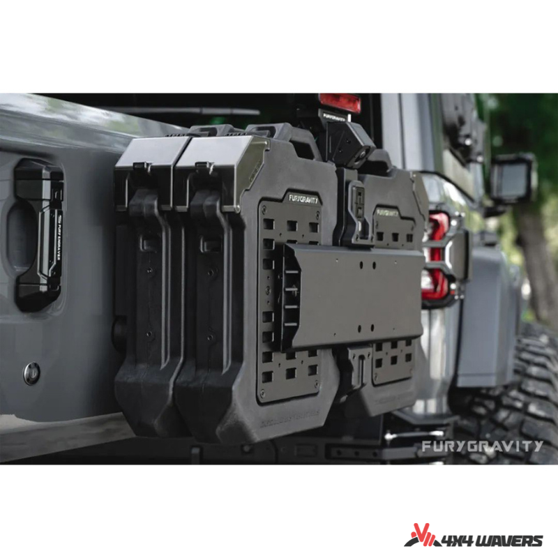 4x4wavers Fury Aluminum Multifunction Box - Tailgate Equipment Integrated Set - Rear Integrated Kit with 2 Gas Cans Tanks and storage with numeric locks - 4X4 WAVERS