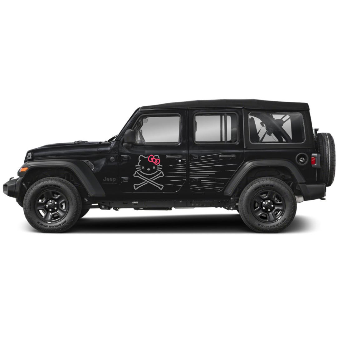 Bow Cat Crossbones + Speed Lines Side Decal Kit – Cut Avery Vinyl – Choose Primary & Ribbon Colors – Wrangler JL/JLU/JK/JKU/4xe & Gladiator JT