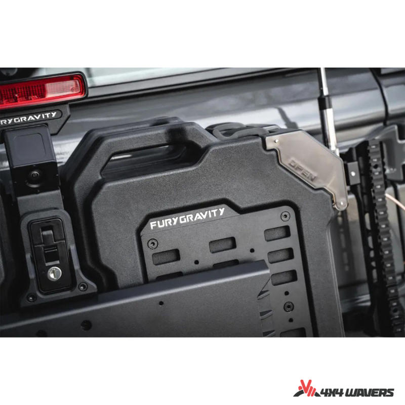 4x4wavers Fury Aluminum Multifunction Box -  Tailgate Equipment Integrated Set - Rear Integrated Kit with 2 Gas Cans Tanks and storage with numeric locks - 4X4 WAVERS