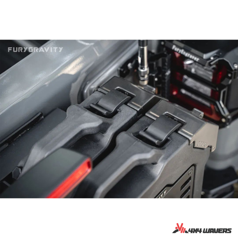 4x4wavers Fury Aluminum Multifunction Box -  Tailgate Equipment Integrated Set - Rear Integrated Kit with 2 Gas Cans Tanks and storage with numeric locks - 4X4 WAVERS