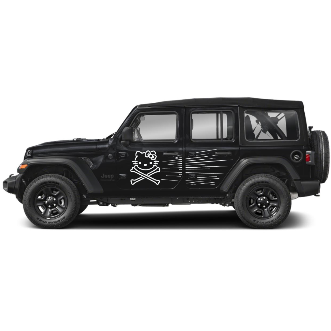 Bow Cat Crossbones + Speed Lines Side Decal Kit – Cut Avery Vinyl – Choose Primary & Ribbon Colors – Wrangler JL/JLU/JK/JKU/4xe & Gladiator JT