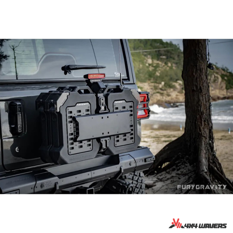 4x4wavers Fury Aluminum Multifunction Box - Tailgate Equipment Integrated Set - Rear Integrated Kit with 2 Gas Cans Tanks and storage with numeric locks - 4X4 WAVERS