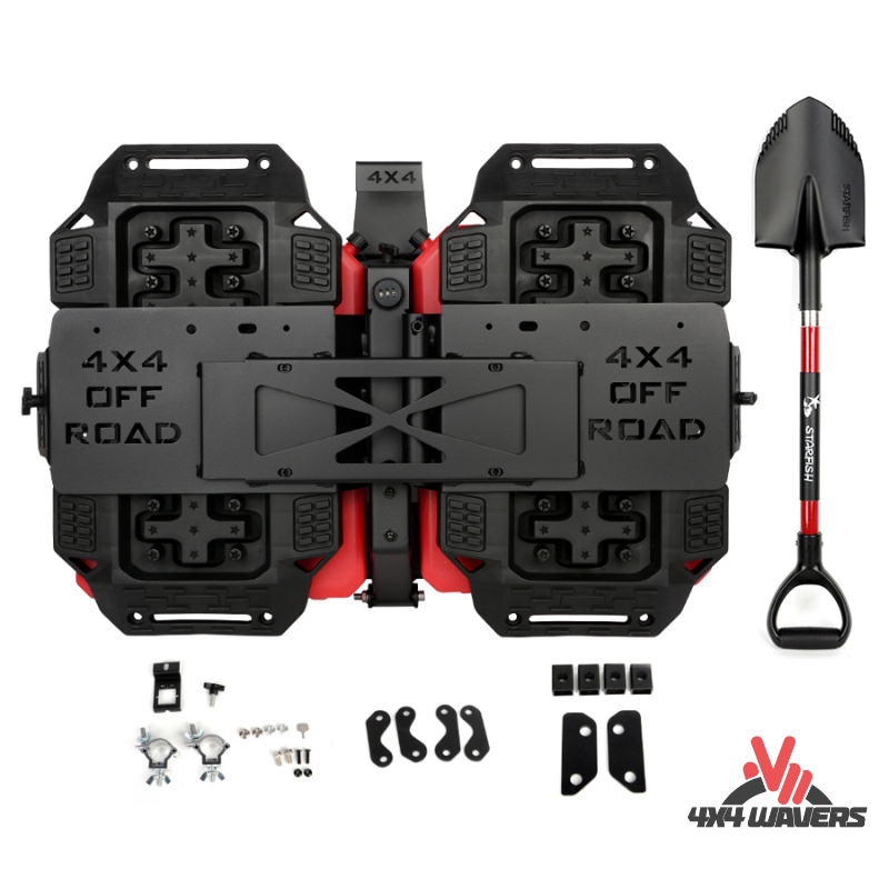 4x4wavers Tailgate Equipment Integrated Set - Rear Integrated Kit with 2 Gas Cans Tanks and 2 Traction Boards & a Shovel - All-Terrain Offroads Style - 4X4 WAVERS