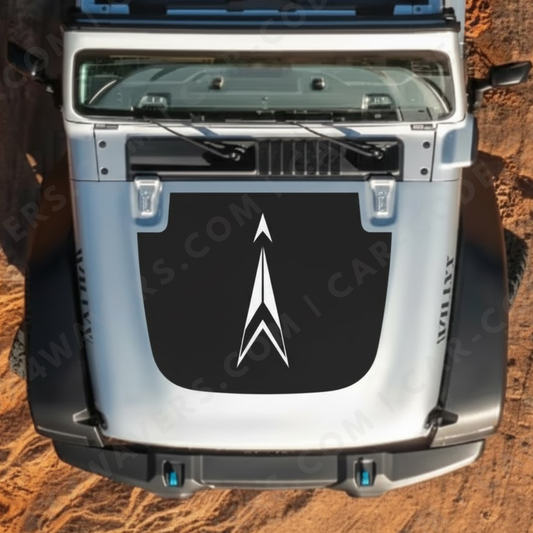 Panneau de capot Arrow Summit – Wrangler JL/JLU/JT (2018–2025) & JK/JKU (2007–2018) – Chevron blanc minimal sur noir satiné – Vinyle imprimé et laminé mat 3M (option vinyle découpé Avery)