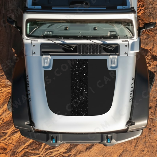 Panneau de capuche à bande rallye galaxie de minuit – Wrangler JL/JLU/JT (2018–2025) & JK/JKU (2007–2018) – Bande centrale étoilée – Vinyle imprimé et laminé mat 3M (option pailletée/réfléchissante Avery)