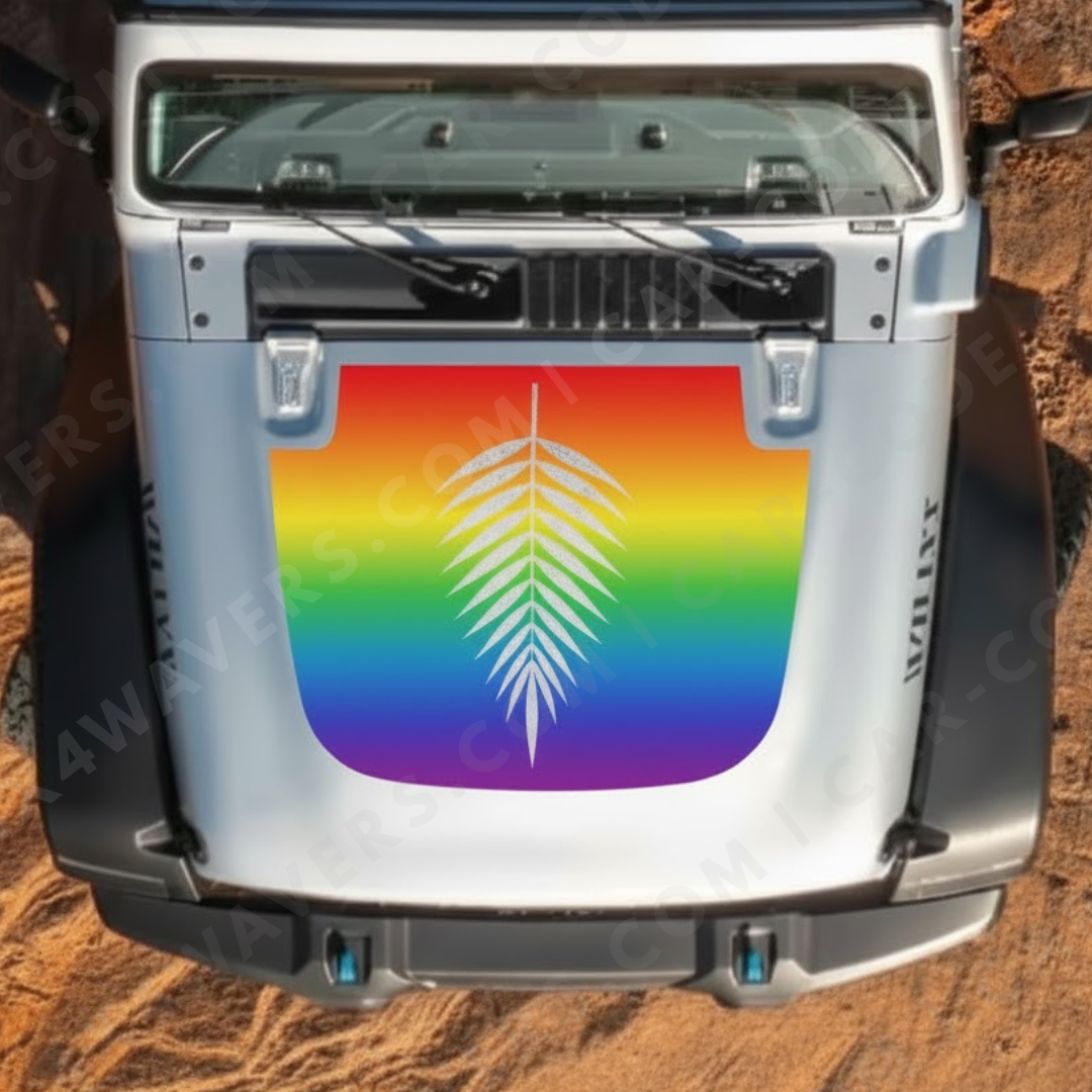 Panneau de capot Silver Fern – Wrangler JL/JLU/JT (2018–2025) & JK/JKU (2007–2018) – Noir Satin Classique ou Arc-en-ciel Pride – Imprimé & Laminé Mat 3M (Option de Superposition Avery)