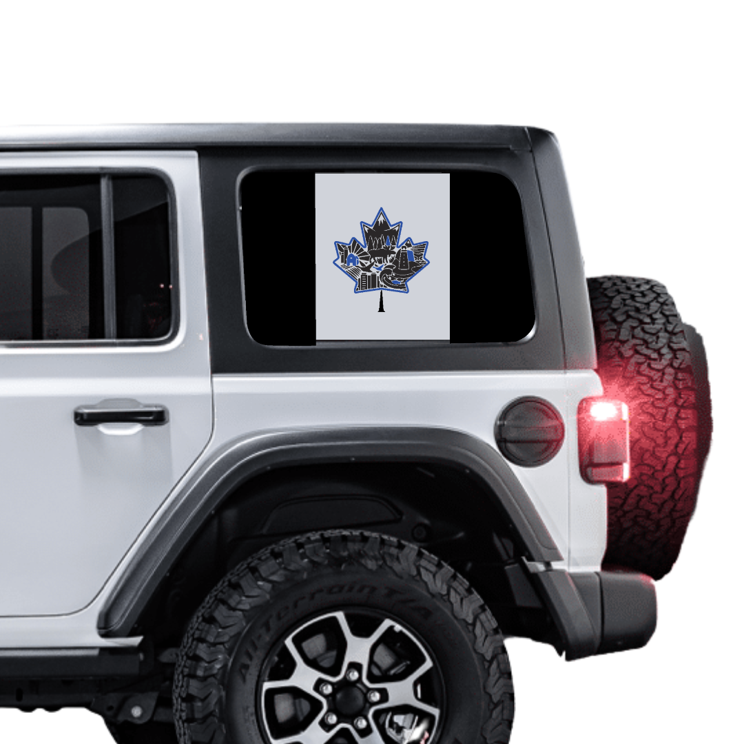 Canada Rear Side Window Flag Decal (Collage Maple Leaf) for Wrangler JL/JLU/JK/JKU/4xe – HARDTOP ONLY – Black/Grey – 3M Printed + Matte Lam