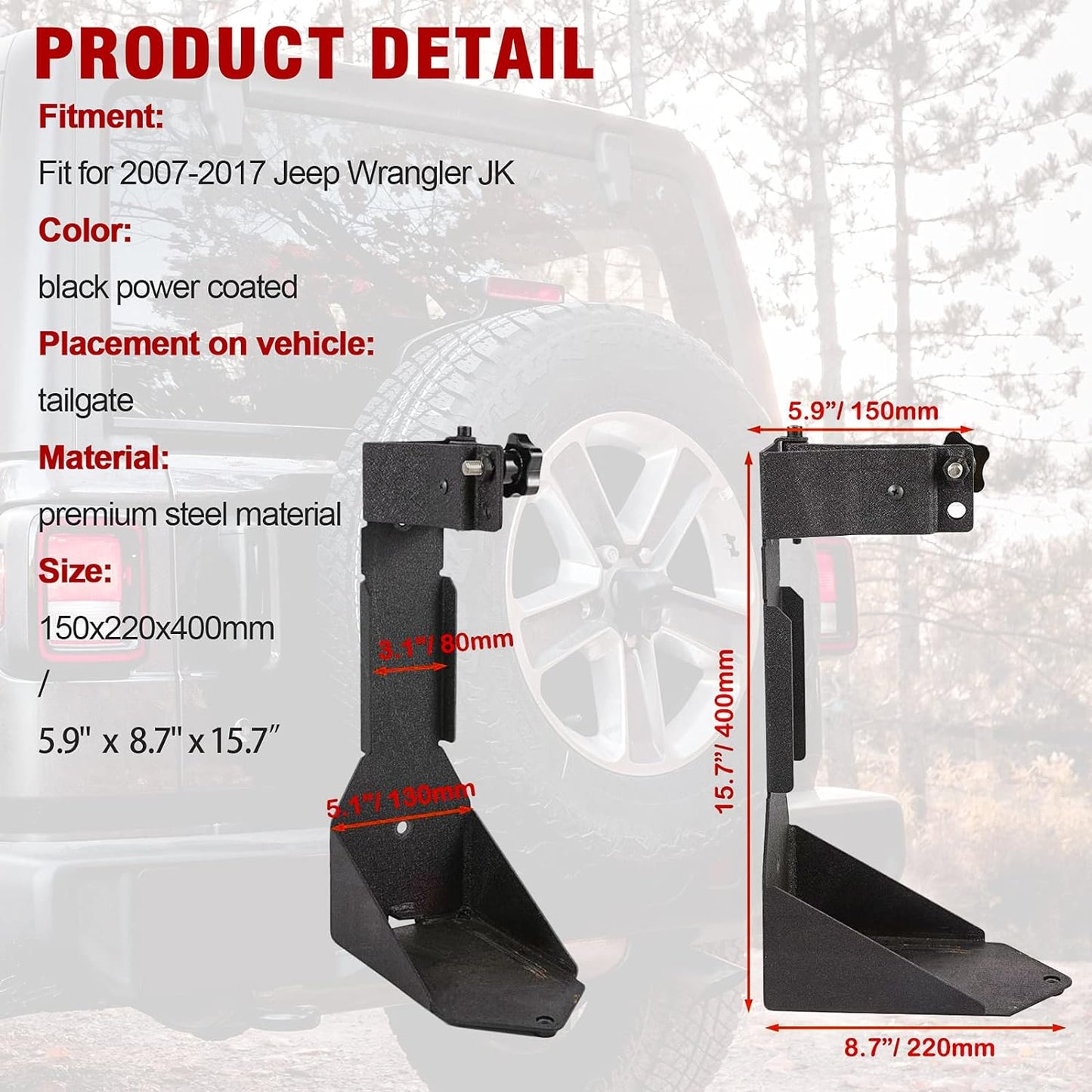 4x4wavers 48" Hi Lift Jack Rear Door Mount for Jeep Wrangler JK/JKU 2007-2018 (mount only) - 4X4 WAVERS