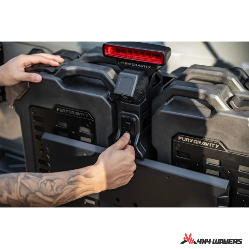 4x4wavers Fury Aluminum Multifunction Box -  Tailgate Equipment Integrated Set - Rear Integrated Kit with 2 Gas Cans Tanks and storage with numeric locks - 4X4 WAVERS