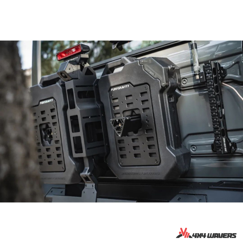 4x4wavers Fury Aluminum Multifunction Box -  Tailgate Equipment Integrated Set - Rear Integrated Kit with 2 Gas Cans Tanks and storage with numeric locks - 4X4 WAVERS