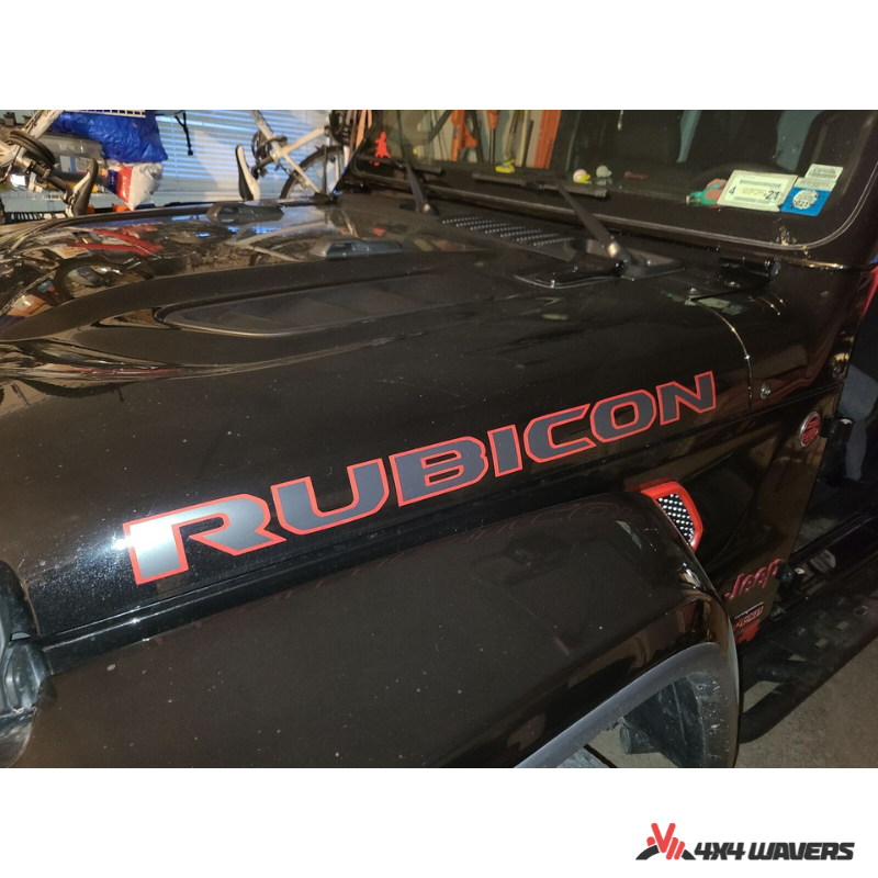 4x4wavers Rubicon Sticker Decal Decoration for Hood Sides - Red Color (2 Decals) - same position of Original Rubicon Decal - 4X4 WAVERS