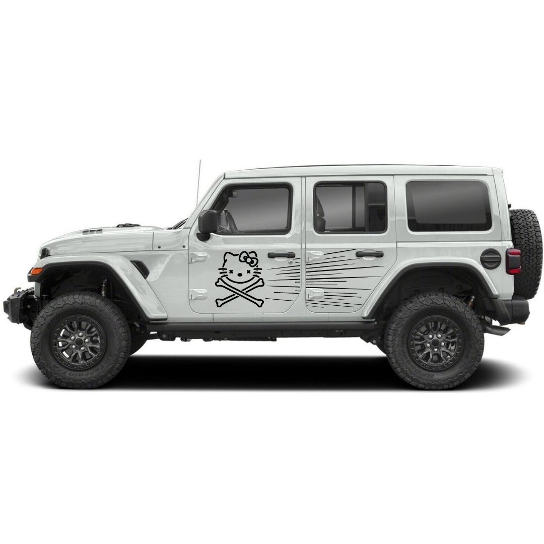Bow Cat Crossbones + Speed Lines Side Decal Kit – Cut Avery Vinyl – Choose Primary & Ribbon Colors – Wrangler JL/JLU/JK/JKU/4xe & Gladiator JT