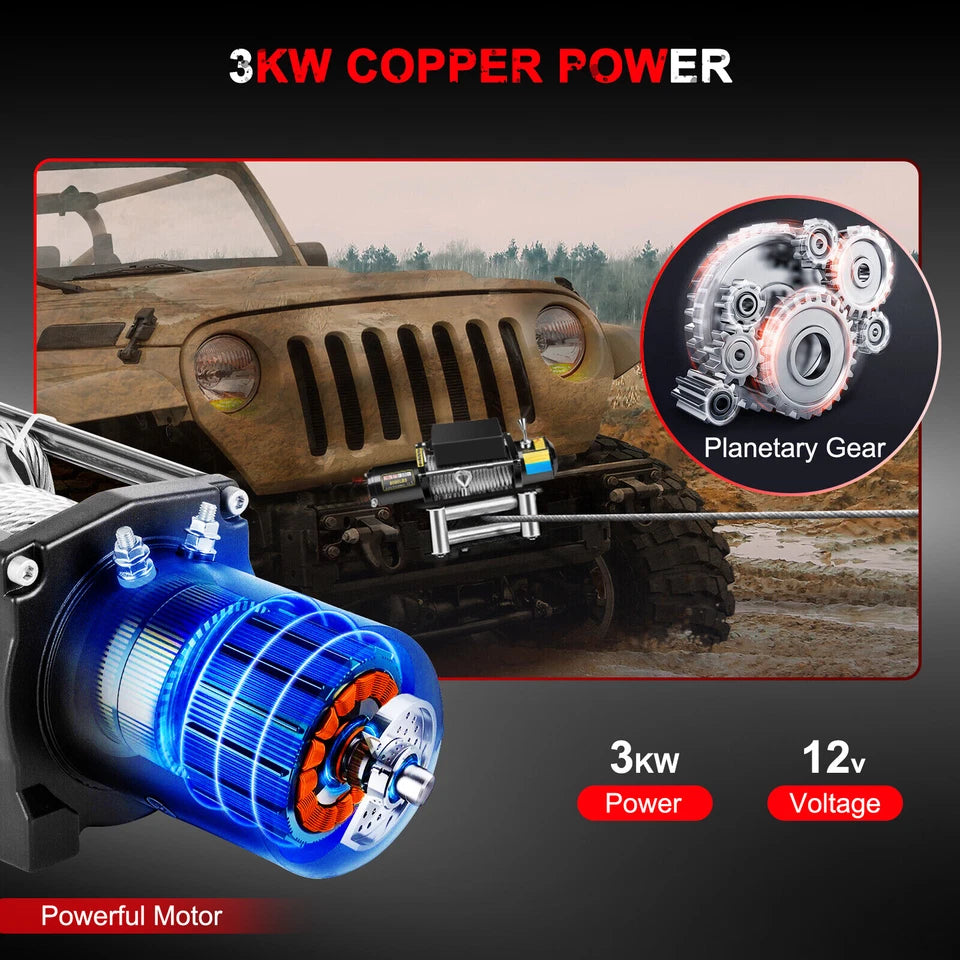 4X4Wavers Heavy Duty 8,000 lbs 12V Electric Offroad Winch with wireless remote - Steel rope - 4X4 WAVERS