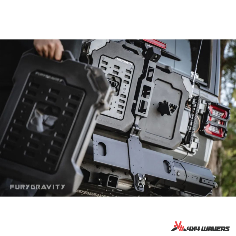 4x4wavers Fury Aluminum Multifunction Box - Tailgate Equipment Integrated Set - Rear Integrated Kit with 2 Gas Cans Tanks and storage with numeric locks - 4X4 WAVERS