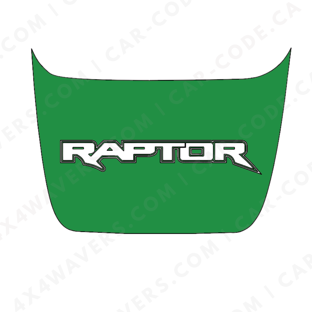 Ford F-150 Raptor Capot – Panneau de texte personnalisé tout-terrain (Vert/Gris/Bleu/Rouge/Sable/Noir + Découpe) – 2017–2025 – Vinyle découpé mat imprimé 3M ou Avery