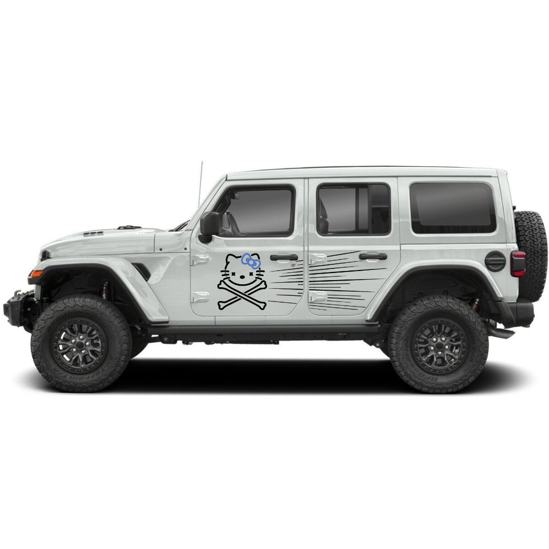 Bow Cat Crossbones + Speed Lines Side Decal Kit – Cut Avery Vinyl – Choose Primary & Ribbon Colors – Wrangler JL/JLU/JK/JKU/4xe & Gladiator JT
