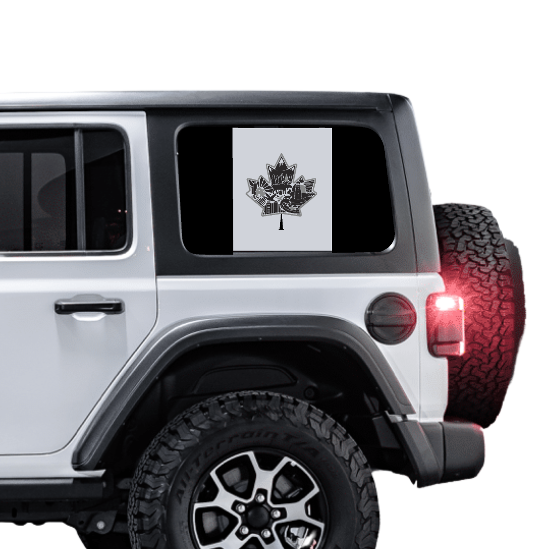 Canada Rear Side Window Flag Decal (Collage Maple Leaf) for Wrangler JL/JLU/JK/JKU/4xe – HARDTOP ONLY – Black/Grey – 3M Printed + Matte Lam