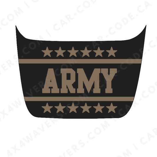 Panneau de capot Ford F-150 Raptor – Bannière style MIL « ARMY » (Tan/Bleu acier/Rose poussière/Vert ranger/Gris loup) – 2017–2025 – Vinyle découpé mat imprimé 3M ou Avery