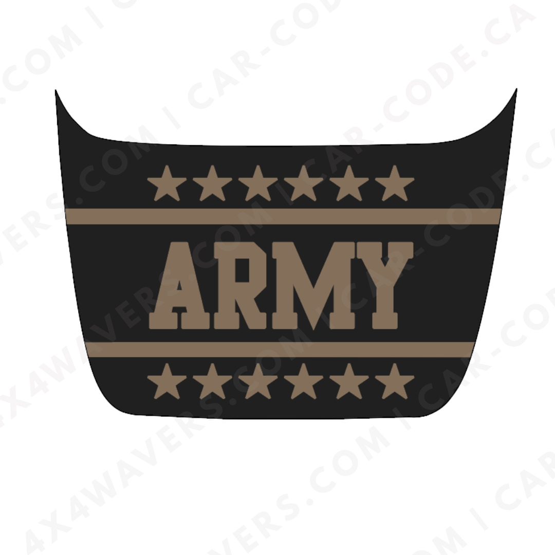 Panneau de capot Ford F-150 Raptor – Bannière style MIL « ARMY » (Tan/Bleu acier/Rose poussière/Vert ranger/Gris loup) – 2017–2025 – Vinyle découpé mat imprimé 3M ou Avery