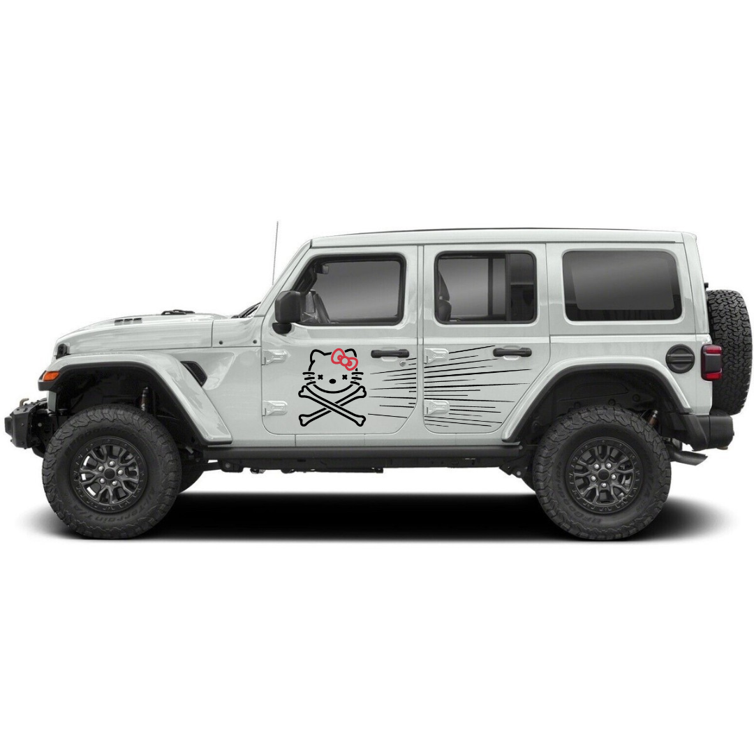 Bow Cat Crossbones + Speed Lines Side Decal Kit – Cut Avery Vinyl – Choose Primary & Ribbon Colors – Wrangler JL/JLU/JK/JKU/4xe & Gladiator JT