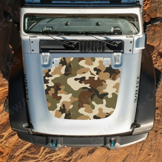 Couvre-capot camouflage – Wrangler JL/JLU/JT (2018–2025) & JK/JKU (2007–2018) – Forêt/Désert/Urbaine/Arctique – Vinyle imprimé et laminé mat 3M