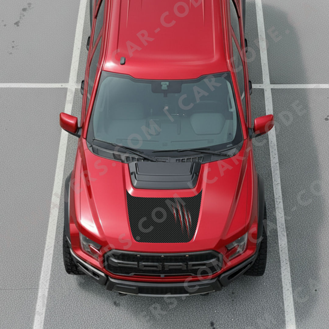 Ford F-150 Raptor Capot – Série Carbone (Uni / Griffures / Sourire Goutte) – 2017–2025 – Film Carbone Mat Imprimé 3M ou Texturé 3D