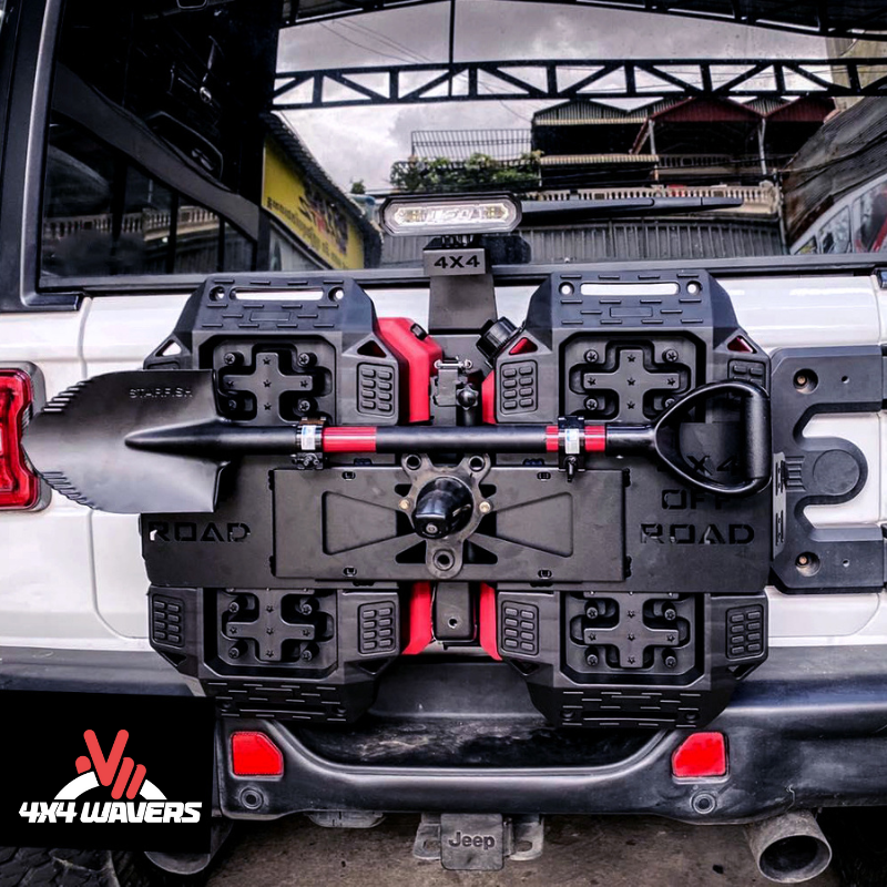 4x4wavers Tailgate Equipment Integrated Set - Rear Integrated Kit with 2 Gas Cans Tanks and 2 Traction Boards & a Shovel - All-Terrain Offroads Style - 4X4 WAVERS