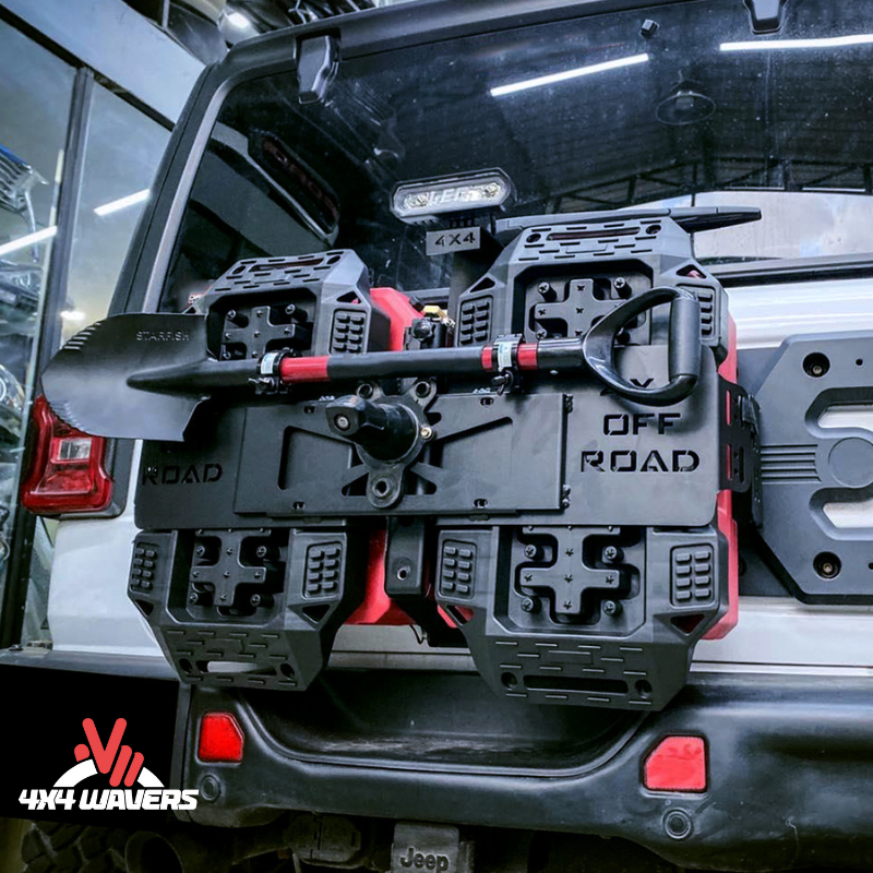 4x4wavers Tailgate Equipment Integrated Set - Rear Integrated Kit with 2 Gas Cans Tanks and 2 Traction Boards & a Shovel - All-Terrain Offroads Style - 4X4 WAVERS