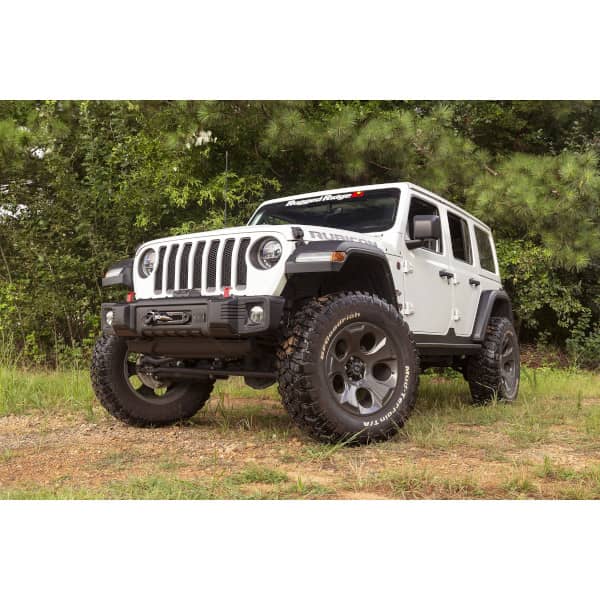 Rugged Ridge Spartacus Black Stubby Bumper for 18-25 Jeep Wrangler JL and Gladiator 20-25, durable off-road bumper with sturdy design.