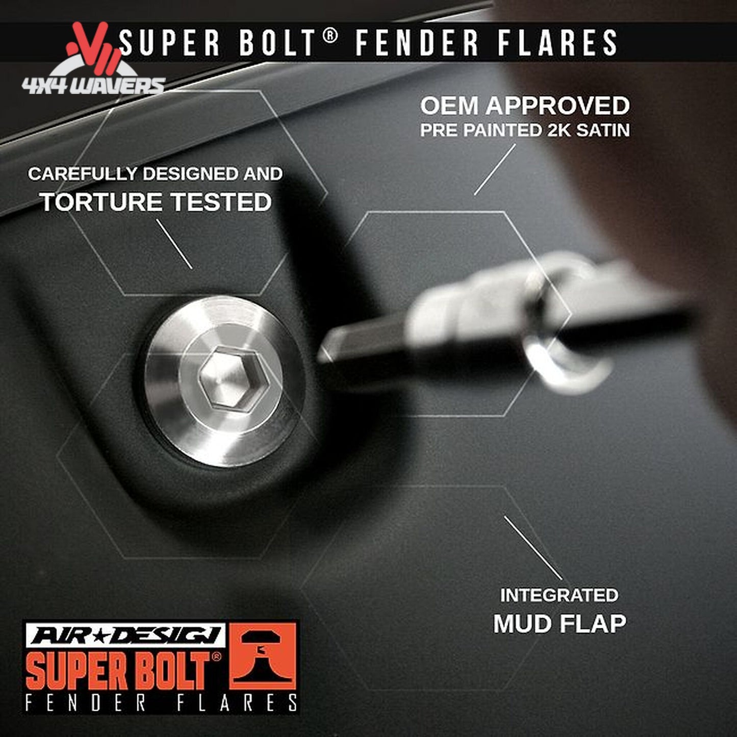Patented Super Bolt rust-free hardware system on Air Design fender flares FO31A16PR SKU GPSM_FO31A16PR.