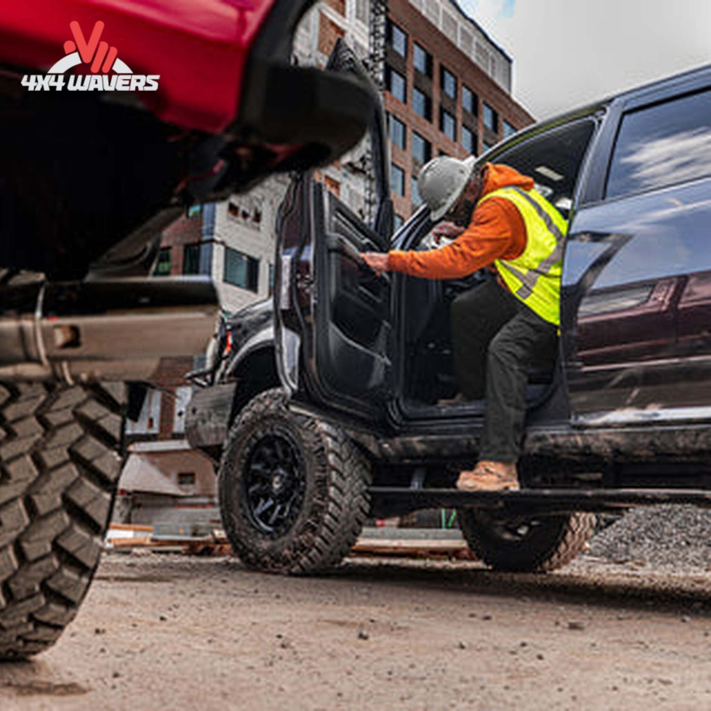 Deployed AMP PowerStep Vision automatic step on GMC Sierra Crew Cab with LED light SKU 96255-01A