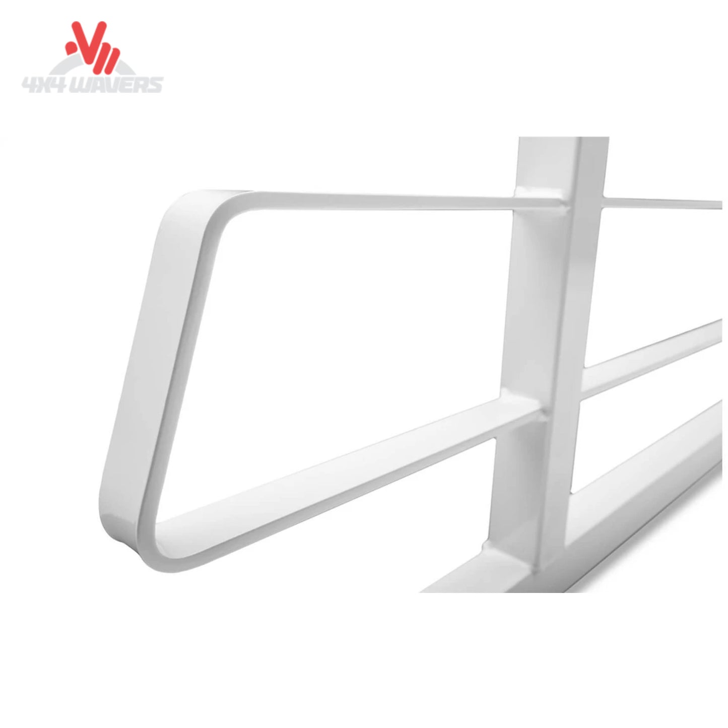 Close-up view of white powder-coated steel square tubing and open frame layout on BACKRACK 15004W cab guard SKU BKHJ_15004W