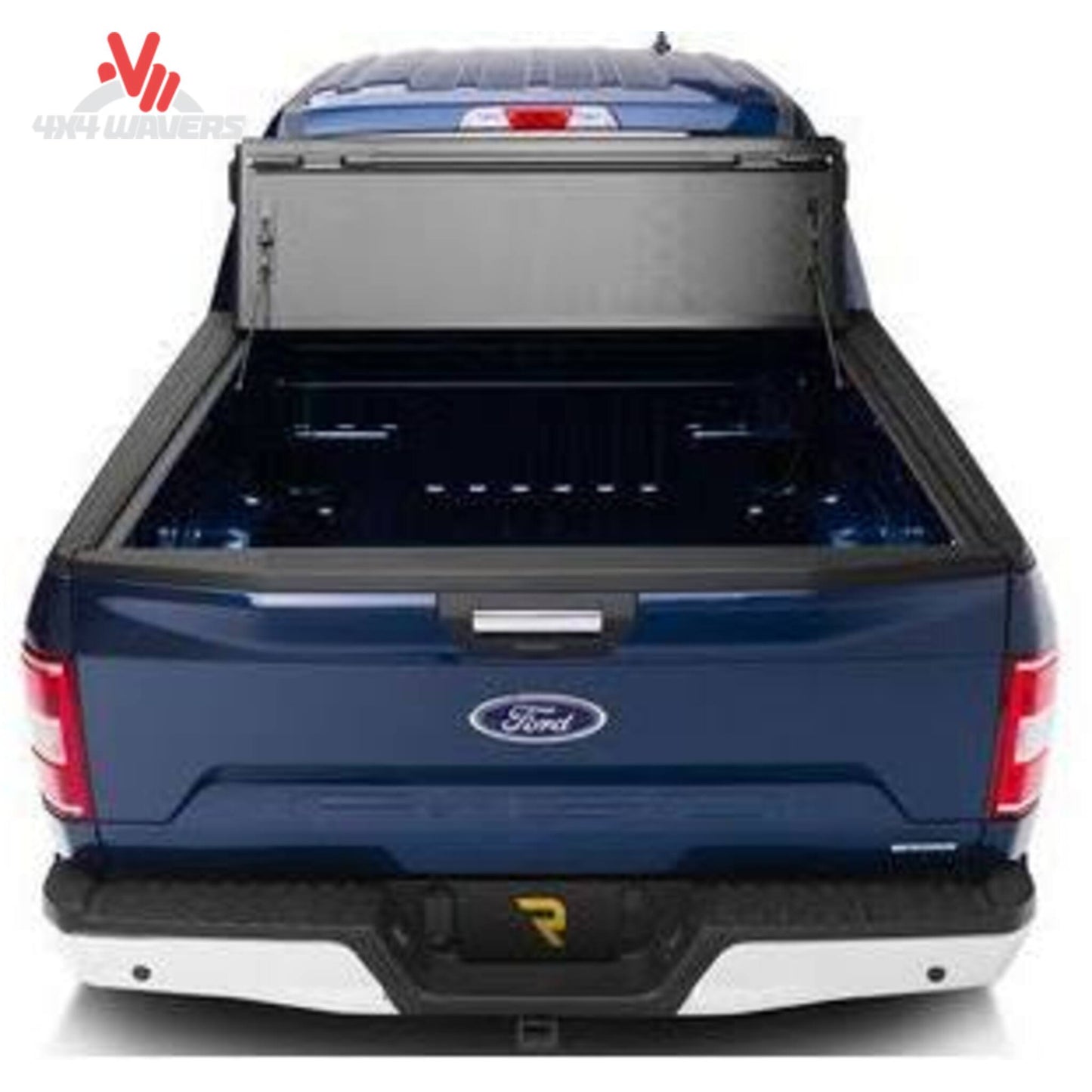 A black tonneau cover installed on the bed of a blue Ford pickup truck, shown from a rear three-quarter angle against a white background.
