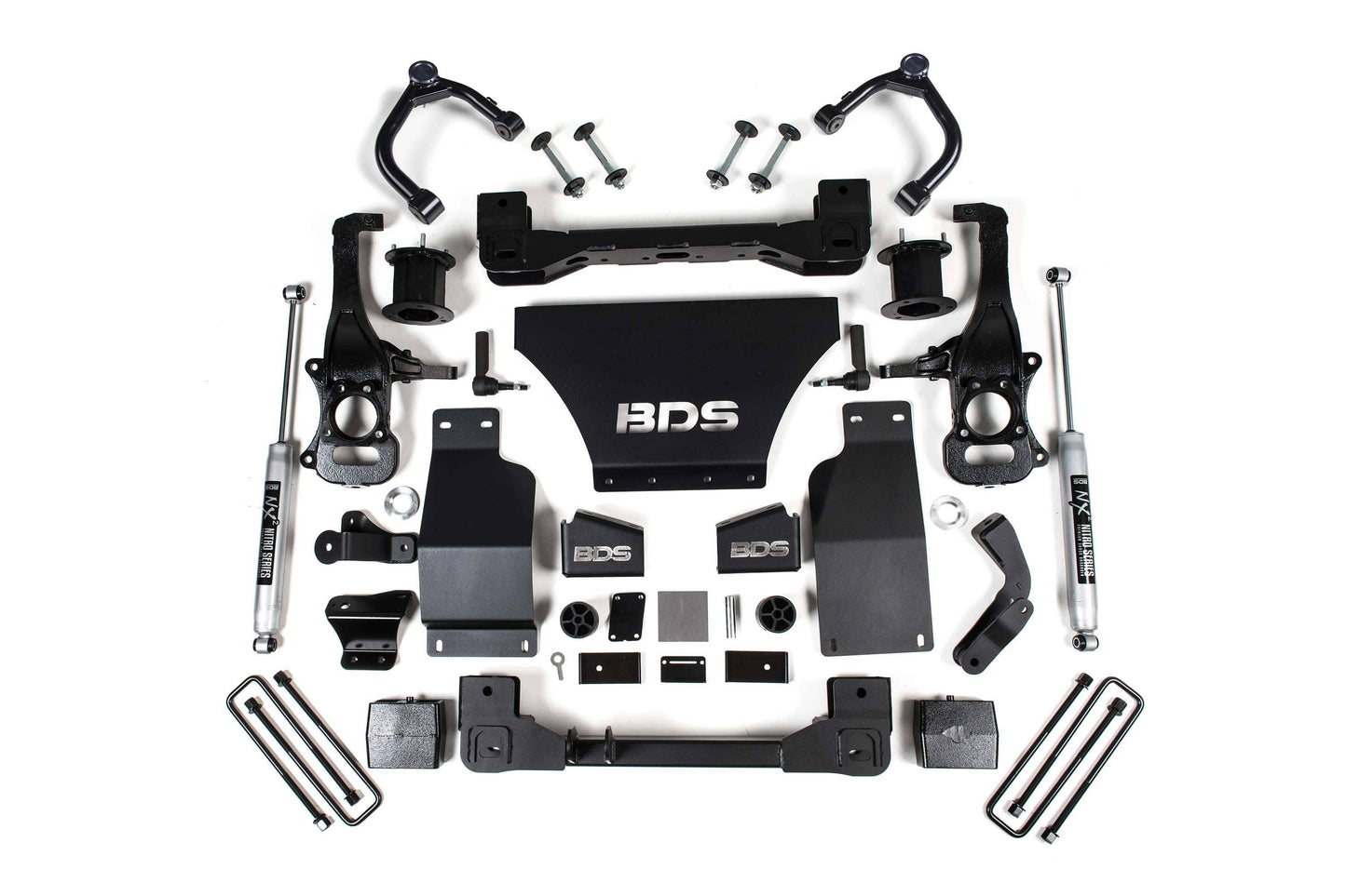 BDS 4.5-inch lift kit with NX2 Nitro shocks installed on Jeep Wrangler JK 4-door 2012-2018, showing lifted suspension and clearance for 37-inch tires.